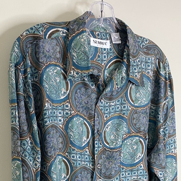 100% SILK SUMMA PURE SILK MENS BUTTON UP SHIRT IN AN ORNATE PATTERN LARGE - Picture 7 of 14
